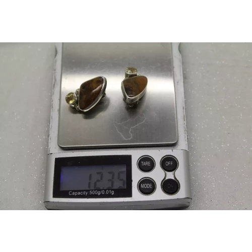 AKR AMY KAHN RUSSELL .925 S.S. PETRIFIED WOOD & CITRINE clip on