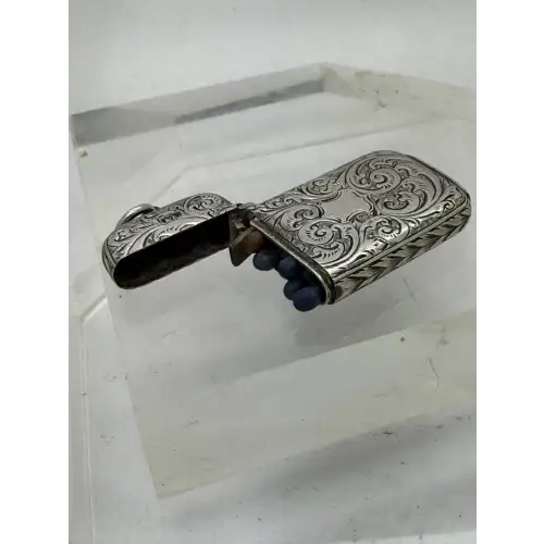 ANTIQUE .925 Sterling Silver BRITISH MATHC SAFE CASE w/ FOB FLORAL