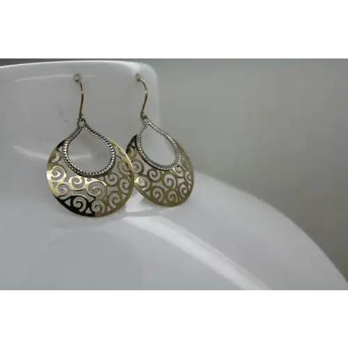 AU .925 S.S. 1/6 14k Y.G. SWIRL FILIGREE TEARDROP DANGLE earrings