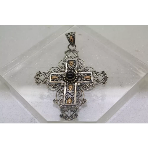 BA SUARTI BALI .925 S.S. 18k Y.G. ONYX ORNATE FILIGREE CROSS pendant
