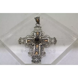 BA SUARTI BALI .925 S.S. 18k Y.G. ONYX ORNATE FILIGREE CROSS pendant