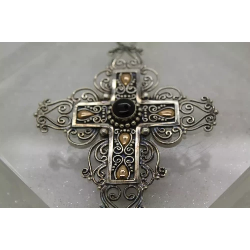 BA SUARTI BALI .925 S.S. 18k Y.G. ONYX ORNATE FILIGREE CROSS pendant