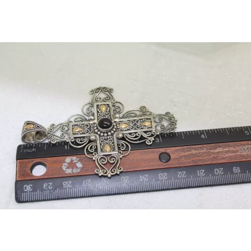 BA SUARTI BALI .925 S.S. 18k Y.G. ONYX ORNATE FILIGREE CROSS pendant