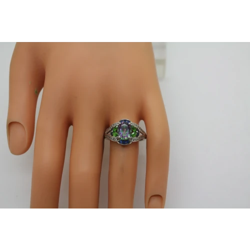 BBJ .925 S.S. MYSTIC FIRE TOPAZ, EMERALD CLUSTER ring size 8.75 #