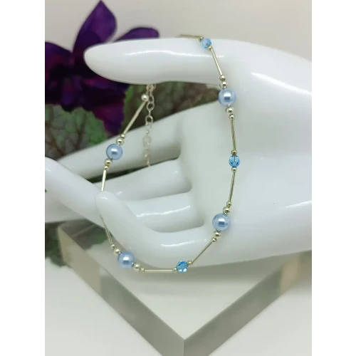 Beautiful Blue Pearl & Crystal Bead 925 Sterling Silver Ankle Bracelet