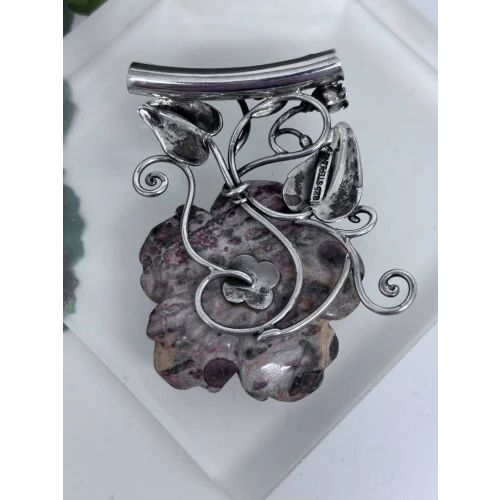 Beautiful Natural Agate Jasper Carved Flower 925 Sterling Silver 2