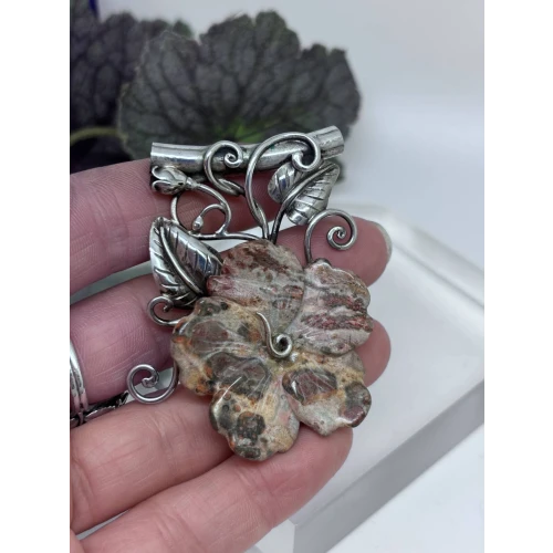 Beautiful Natural Agate Jasper Carved Flower 925 Sterling Silver 2