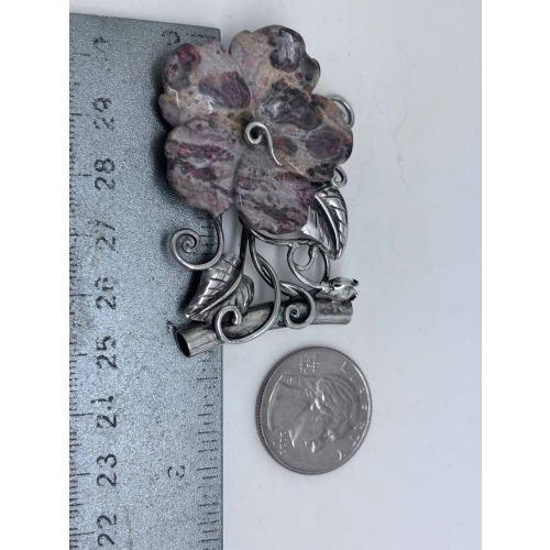 Beautiful Natural Agate Jasper Carved Flower 925 Sterling Silver 2