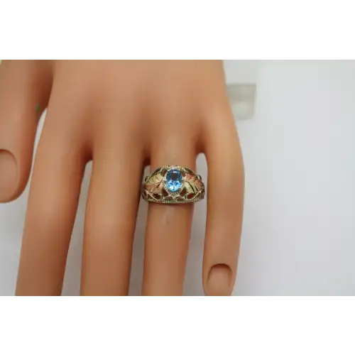 C.CO .925 S.S. 14k Black Hills Gold BLUE TOPAZ GRAPE LEAF ring size 6.75 #