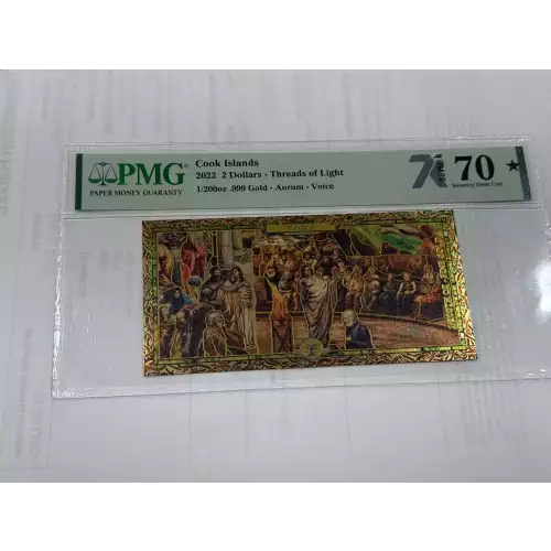 Cook Islands 2 Dollar 1/200th oz Aurum Gold Note (24k) Threads Of Light Voice PMG70  (2)