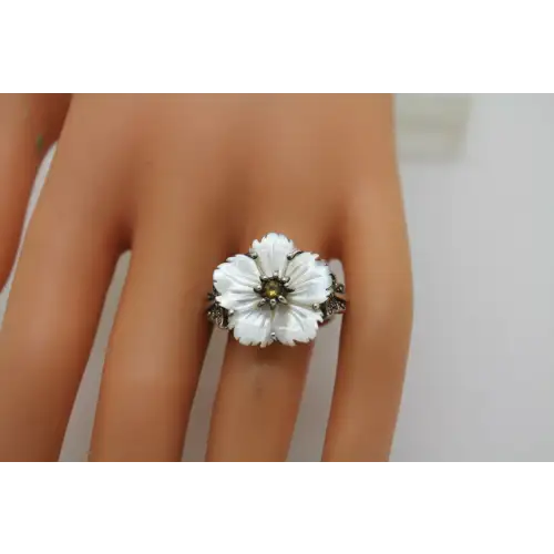 Designer CNA .925 S.S. CARVED MOTHER of PEARRL CITRINE FLOWER sz 9