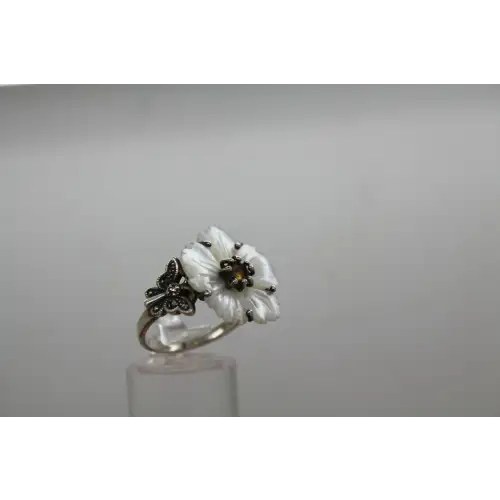 Designer CNA .925 S.S. CARVED MOTHER of PEARRL CITRINE FLOWER sz 9