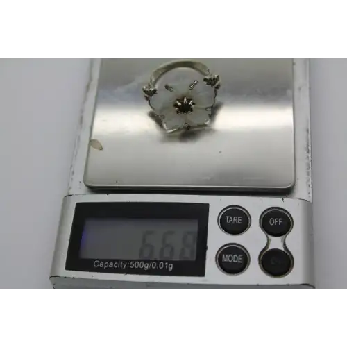 Designer CNA .925 S.S. CARVED MOTHER of PEARRL CITRINE FLOWER sz 9