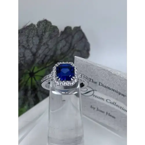 Diamonique Jose Hess Royal Blue CZ w/ White Halo Sterling Silver Size 7 Ring