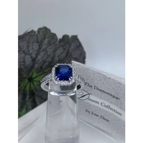 Diamonique Jose Hess Royal Blue CZ w/ White Halo Sterling Silver Size 7 Ring (3)