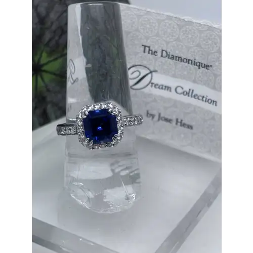 Diamonique Jose Hess Royal Blue CZ w/ White Halo Sterling Silver Size 7 Ring (4)