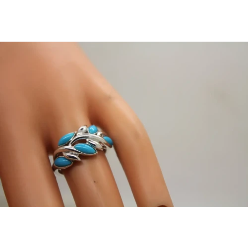 EA .925 S.S. TURQUOISE BLUE stones VINING LEAF DESIGN ring size 8