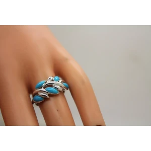 EA .925 S.S. TURQUOISE BLUE stones VINING LEAF DESIGN ring size 8