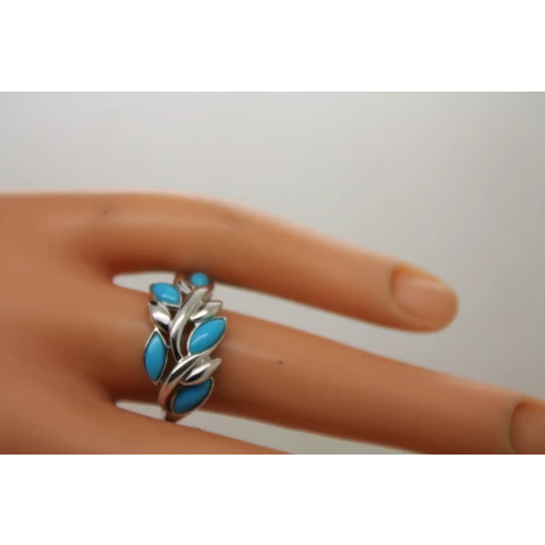EA .925 S.S. TURQUOISE BLUE stones VINING LEAF DESIGN ring size 8
