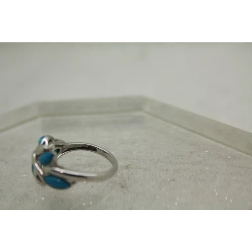 EA .925 S.S. TURQUOISE BLUE stones VINING LEAF DESIGN ring size 8