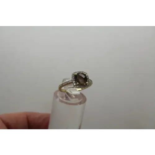 EMA 14k Y.G. Cushion Cut SMOKY TOPAZ & DIAMOND HALO ring size 6.25 #