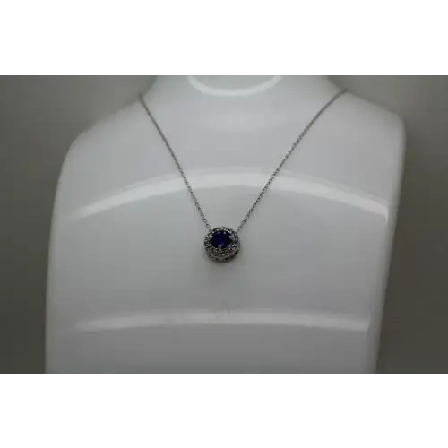 FAS .925 S.S. BLUE TOPAZ & DIAMOND HALO CIRCLE pendant necklace 18