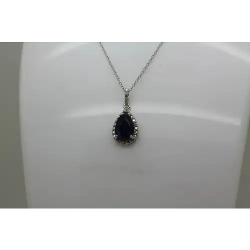 FAS .925 S.S. BLUE TOPAZ & DIAMOND HALO TEARDROP necklace 18