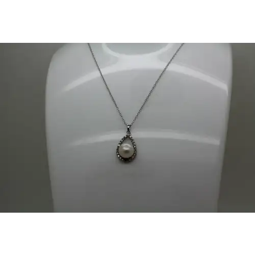 FAS .925 S.S. BUTTON PEARL & DIAMOND TEARDROP pendant necklace (2)