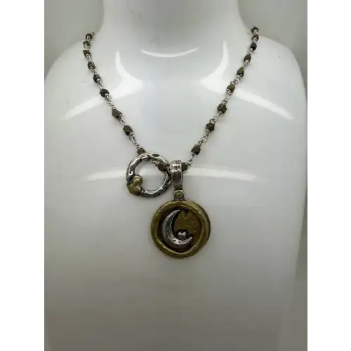 GRACE & HEART .925 AMULET MOON & BACK + Heart Circle NUGGET Necklace 17