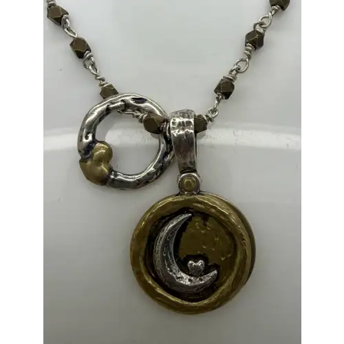 GRACE & HEART .925 AMULET MOON & BACK + Heart Circle NUGGET Necklace 17
