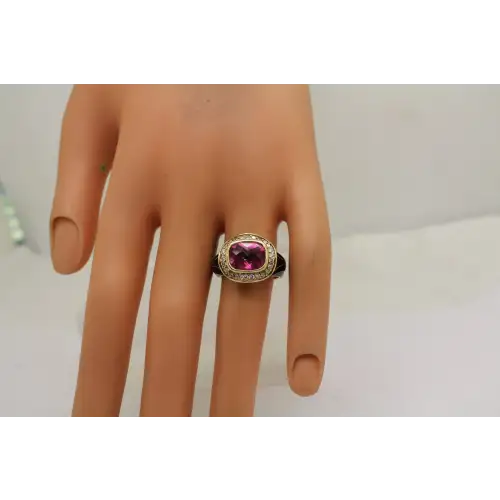 HAGGAI JEWELERS 14k Y.G. BLACK ENAMEL PINK TOPAZ .40ctw DIAMOND ring