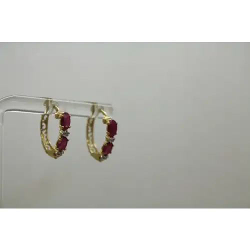 HENG NGAI 10k Y.G. NATURAL RUBY & DIAMOND HOOP earrings