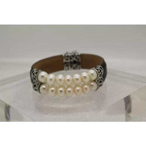 HONORA .925 S.S. PEARL & BLACK LEATHER bracelet 7
