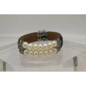 HONORA .925 S.S. PEARL & BLACK LEATHER bracelet 7