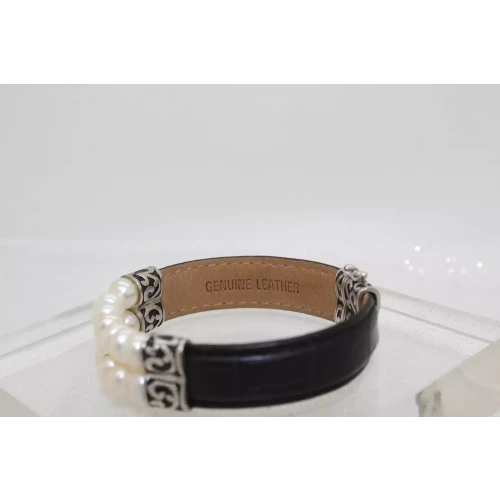 HONORA .925 S.S. PEARL & BLACK LEATHER bracelet 7