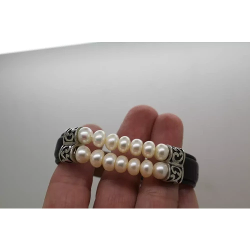 HONORA .925 S.S. PEARL & BLACK LEATHER bracelet 7