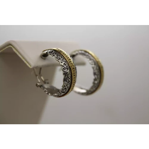 ISRAEL PZ OR PAZ .925 S.S. TWON TONE LACE & BEAD HOOP Omega Back Earrings