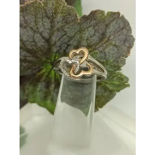 Jane Seymour Open Hearts 925 Sterling Silver 14k Gold Diamond Ring Size 6.75 * (3)