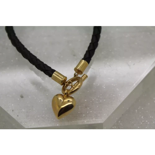 JCM 14k Y.G. & BLACK LEATHER PUFFY HEART TOGGLE bracelet 7.5