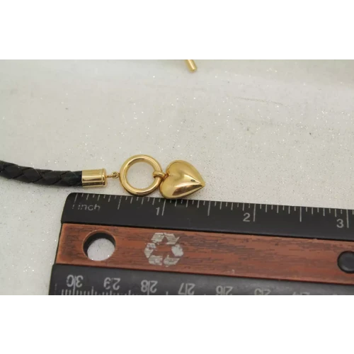 JCM 14k Y.G. & BLACK LEATHER PUFFY HEART TOGGLE bracelet 7.5