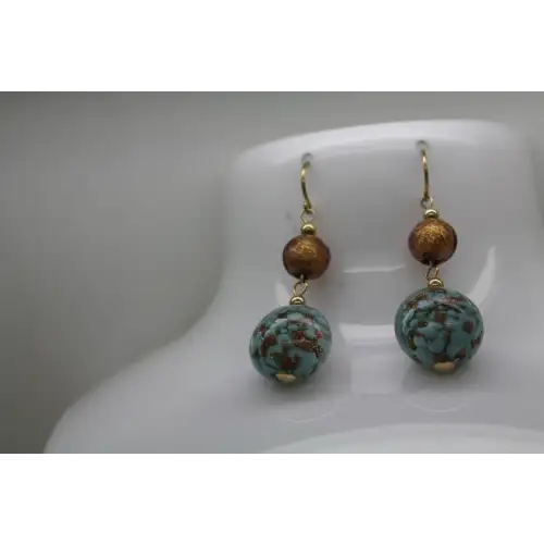 JJT 14k Y.G. METALLIC GOLD & LIGHT BLUE MURANO GLASS BEAD dangle