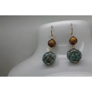JJT 14k Y.G. METALLIC GOLD & LIGHT BLUE MURANO GLASS BEAD dangle