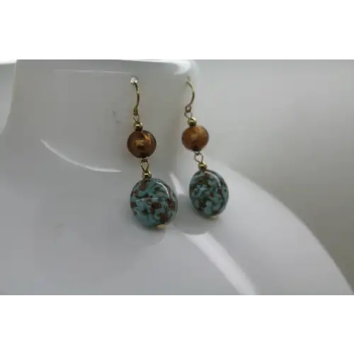 JJT 14k Y.G. METALLIC GOLD & LIGHT BLUE MURANO GLASS BEAD dangle