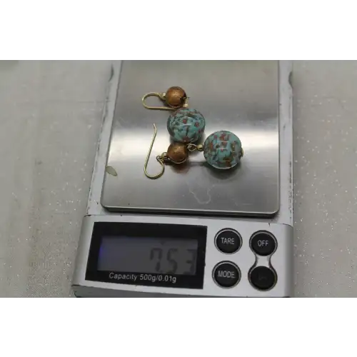 JJT 14k Y.G. METALLIC GOLD & LIGHT BLUE MURANO GLASS BEAD dangle