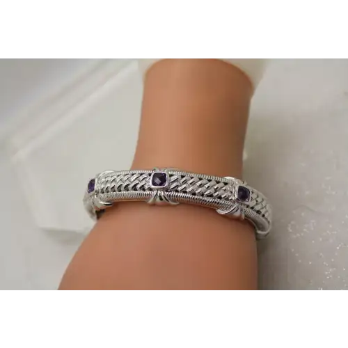 JUDITH RIPKA .925 S.S. AMETHYST HEAVY CABLE HINGED cuff bracelet