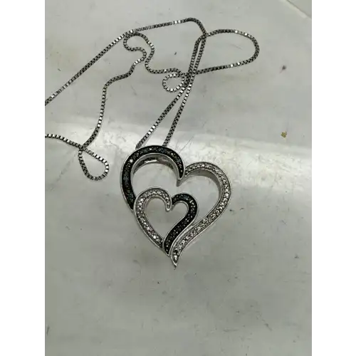 JWBR .925 S.S. BLUE & WHITE DIAMOND DOUBLE HEART necklace 18