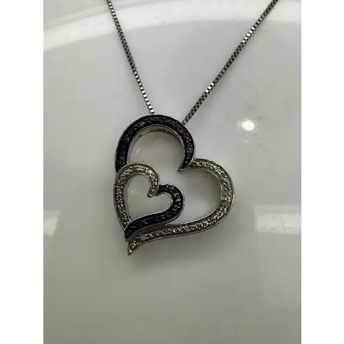 JWBR .925 S.S. BLUE & WHITE DIAMOND DOUBLE HEART necklace 18