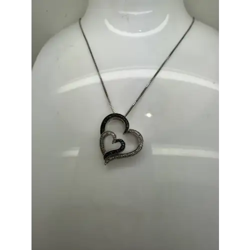 JWBR .925 S.S. BLUE & WHITE DIAMOND DOUBLE HEART necklace 18