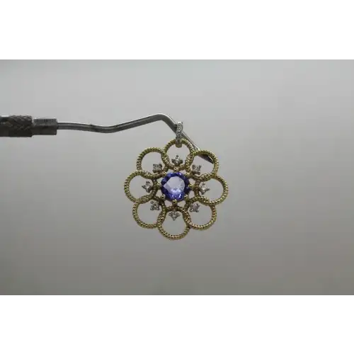 KALATI 14k Y.G. TANZANITE & DIAMOND OPENWORK FLOWER pend.