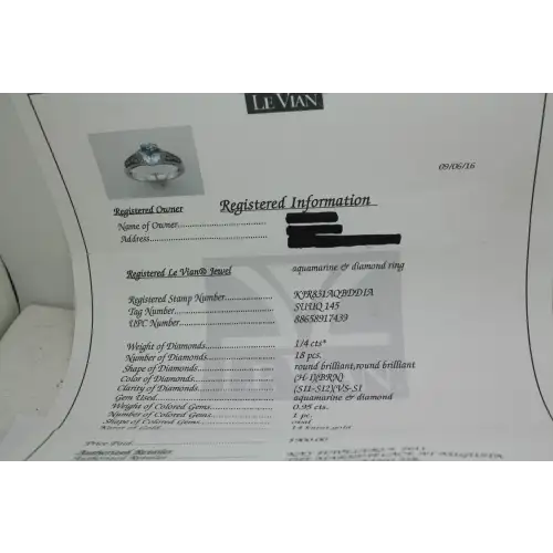 LeVian 14k W.G. .25ctw CHOC. & WH. DIAMONDS .95ct AQUAMARINE sz 7 3/4